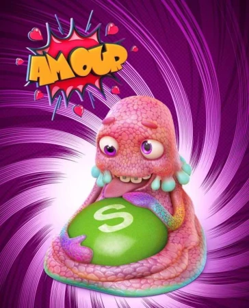 Cartoon alien creature with pink skin and teal tentacles smiles, holding a green object with a white 'S' in a whimsical scene.