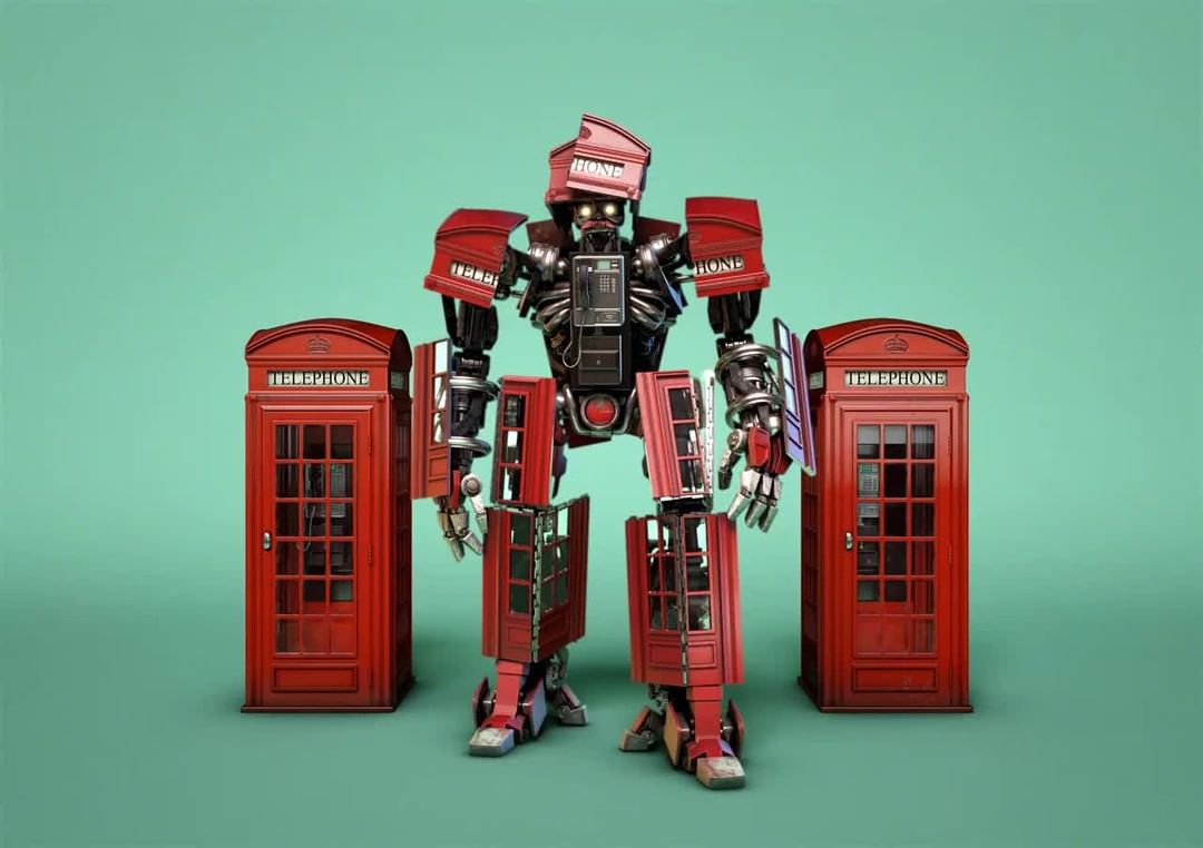 Robot figure assembled from red telephone boxes against a teal background, creating a whimsical and surreal image with creative design.