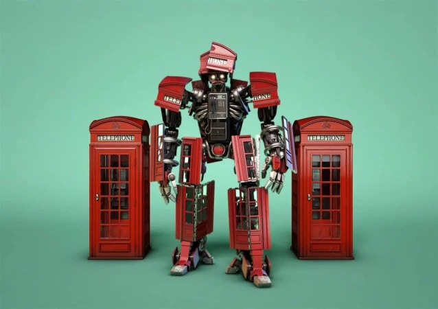 Robot figure assembled from red telephone boxes against a teal background, creating a whimsical and surreal image with creative design.