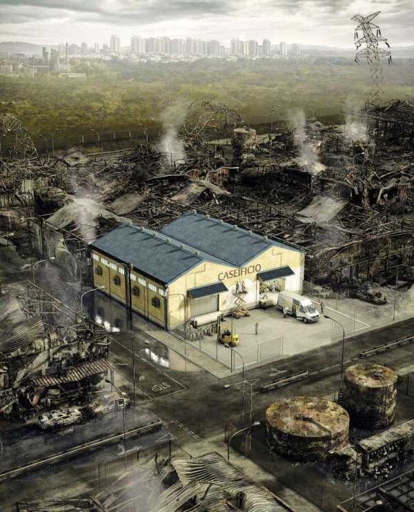 Illustration of a 'caseficio' building on a city's edge with warehouses and factory, alongside smokestacks and urban skyline under an overcast sky.
