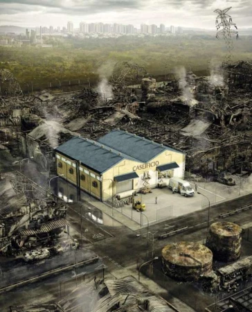 Illustration of a 'caseficio' building on a city's edge with warehouses and factory, alongside smokestacks and urban skyline under an overcast sky.