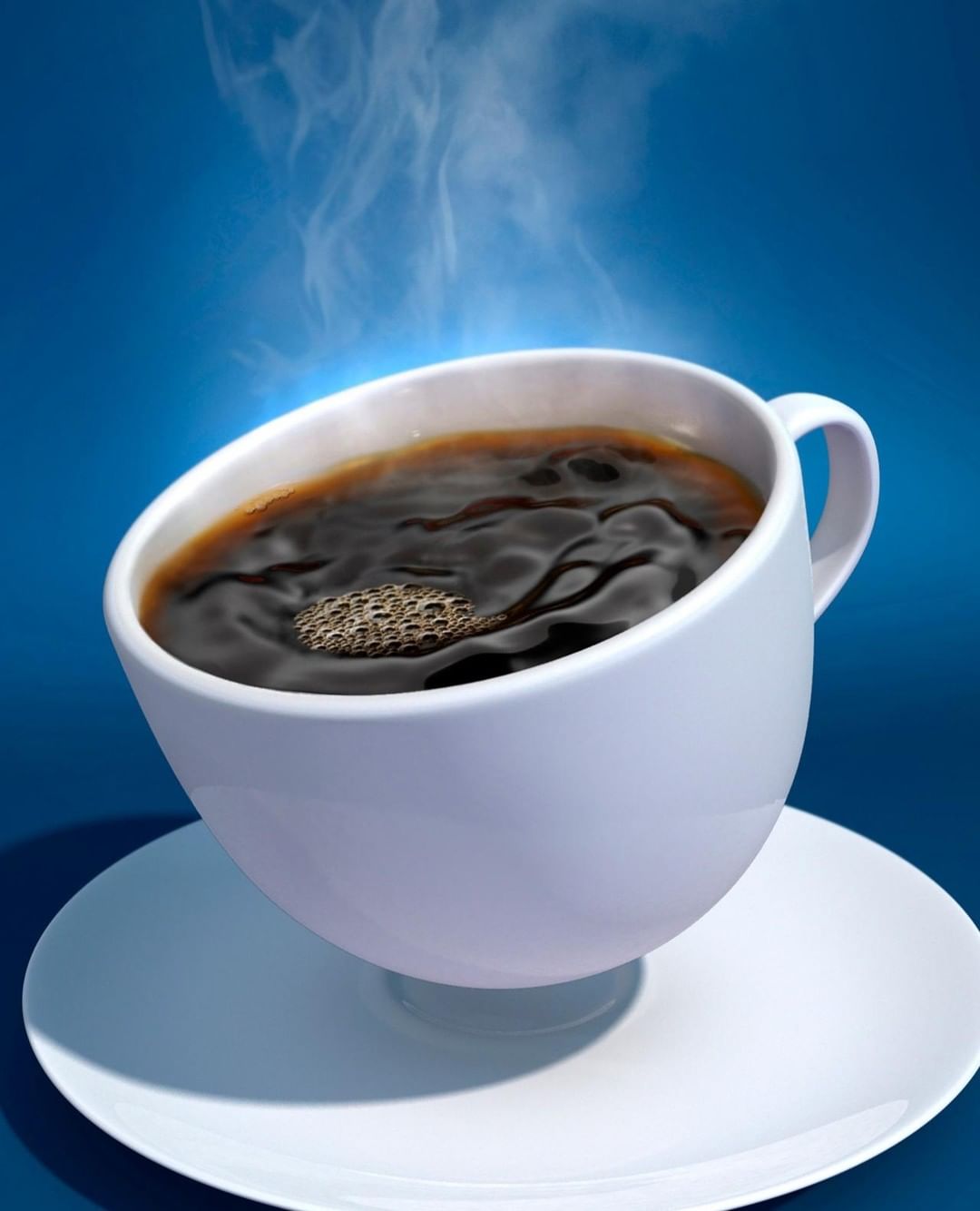 Steaming black coffee in a white cup on a white saucer with a blue background, showcasing beverage photography.