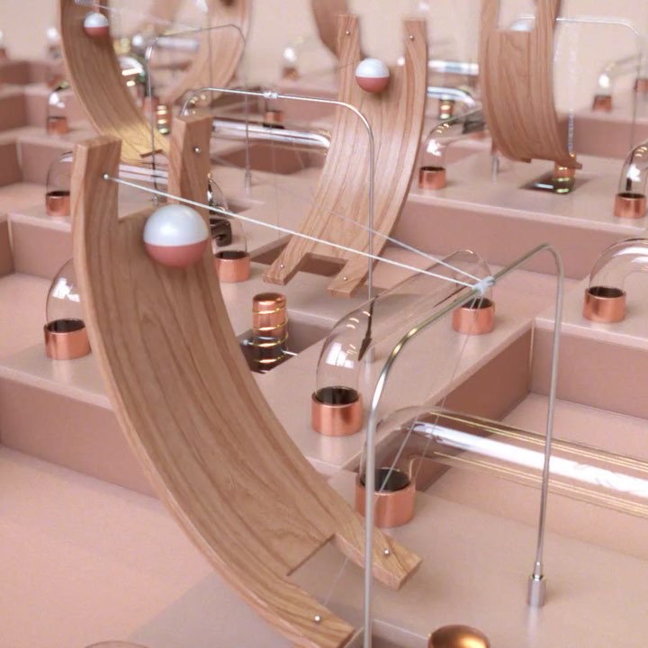 Abstract digital art showcases intricate wooden ramps and transparent pipes with copper accents, creating a visually intriguing marble run.