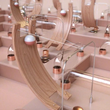 Abstract digital art showcases intricate wooden ramps and transparent pipes with copper accents, creating a visually intriguing marble run.