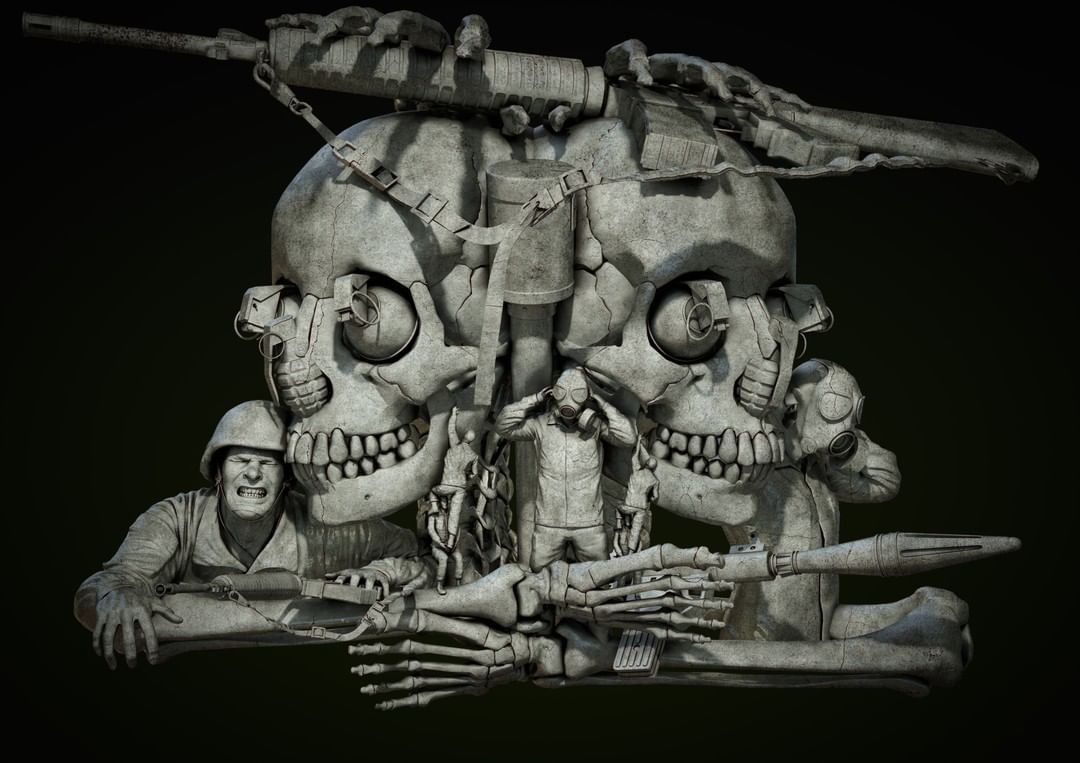 Grey CGI art of conjoined skull sculptures with soldiers, weapons, and gas masks, set against a dark green gradient backdrop.