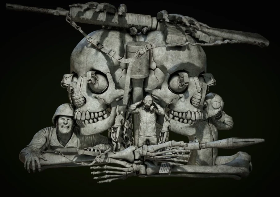 Grey CGI art of conjoined skull sculptures with soldiers, weapons, and gas masks, set against a dark green gradient backdrop.