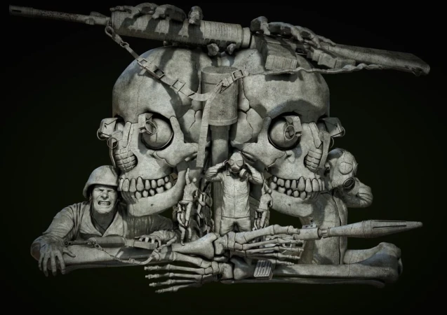 Grey CGI art of conjoined skull sculptures with soldiers, weapons, and gas masks, set against a dark green gradient backdrop.