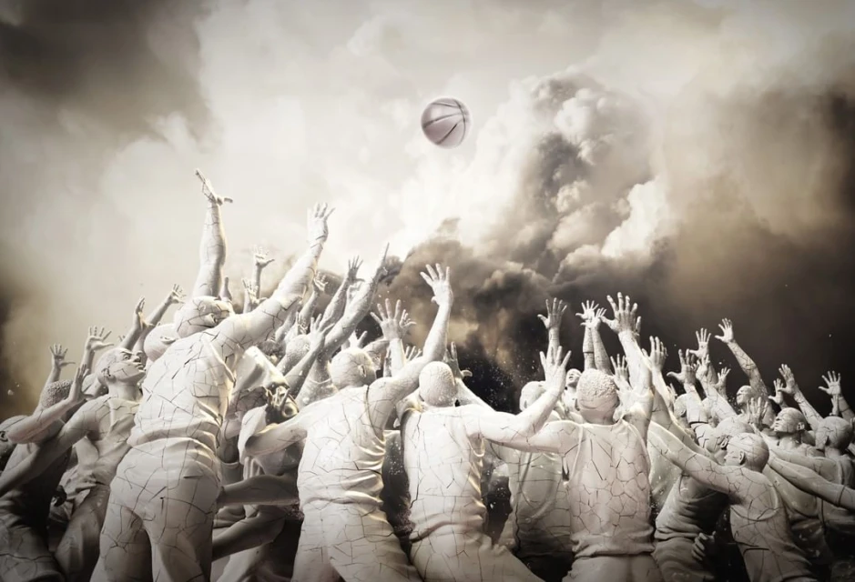 Dramatic image of a large crowd of stone-like figures with arms raised toward a basketball against a stormy sky, potentially AI art.