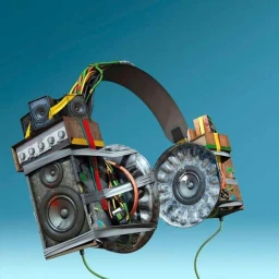 Custom CGI headphones constructed from miniature loudspeakers, wiring, and metal tins against a turquoise blue gradient background