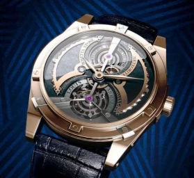 Close up of a luxury gold skeleton watch with exposed mechanical gears and a dark leather strap against a textured blue background