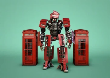 A towering red robot made of telephone box parts standing between two identical red telephone booths against a teal studio background.