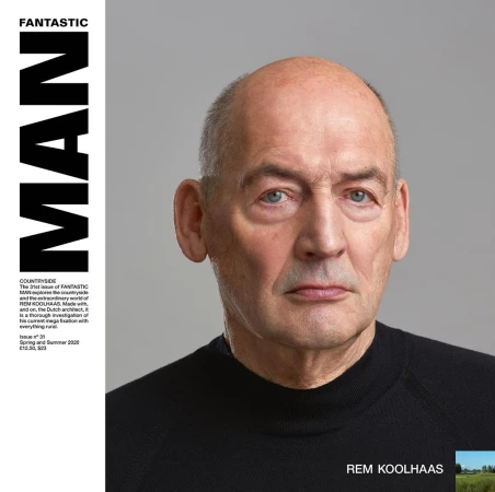 Portrait of Rem Koolhaas on a magazine cover, wearing a black turtleneck against a grey background, with text on the side.