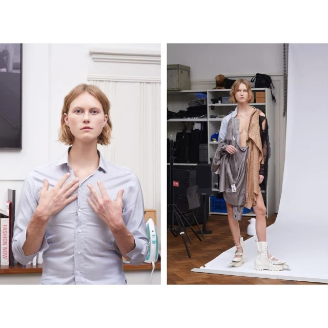 Two-part image shows a fair-skinned, androgynous person in two different settings. On the left, he's wearing a button-down shirt indoors.