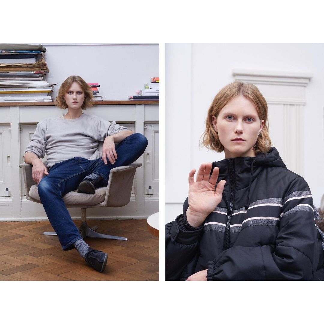 Split image showcasing an adult with fair skin. On the left: seated in a chair wearing jeans and a light-colored sweater. Right: upper body wearing a black jacket.
