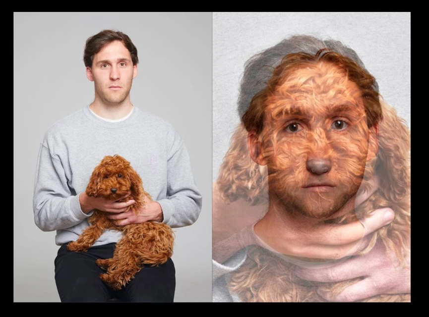 A man sits, holding a small poodle. The image is split, showing a digitally manipulated face with dog-like fur texture.