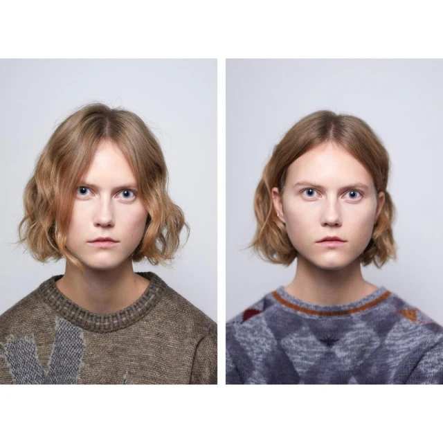 Two portraits of a woman with fair skin and wavy light brown hair wearing a patterned sweater against a neutral background.