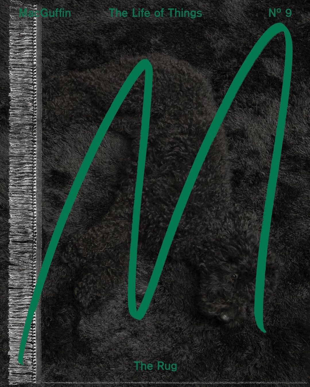 Abstract photograph of a dark rug with a green line drawn over it, creating a modern and textured background with visible text.