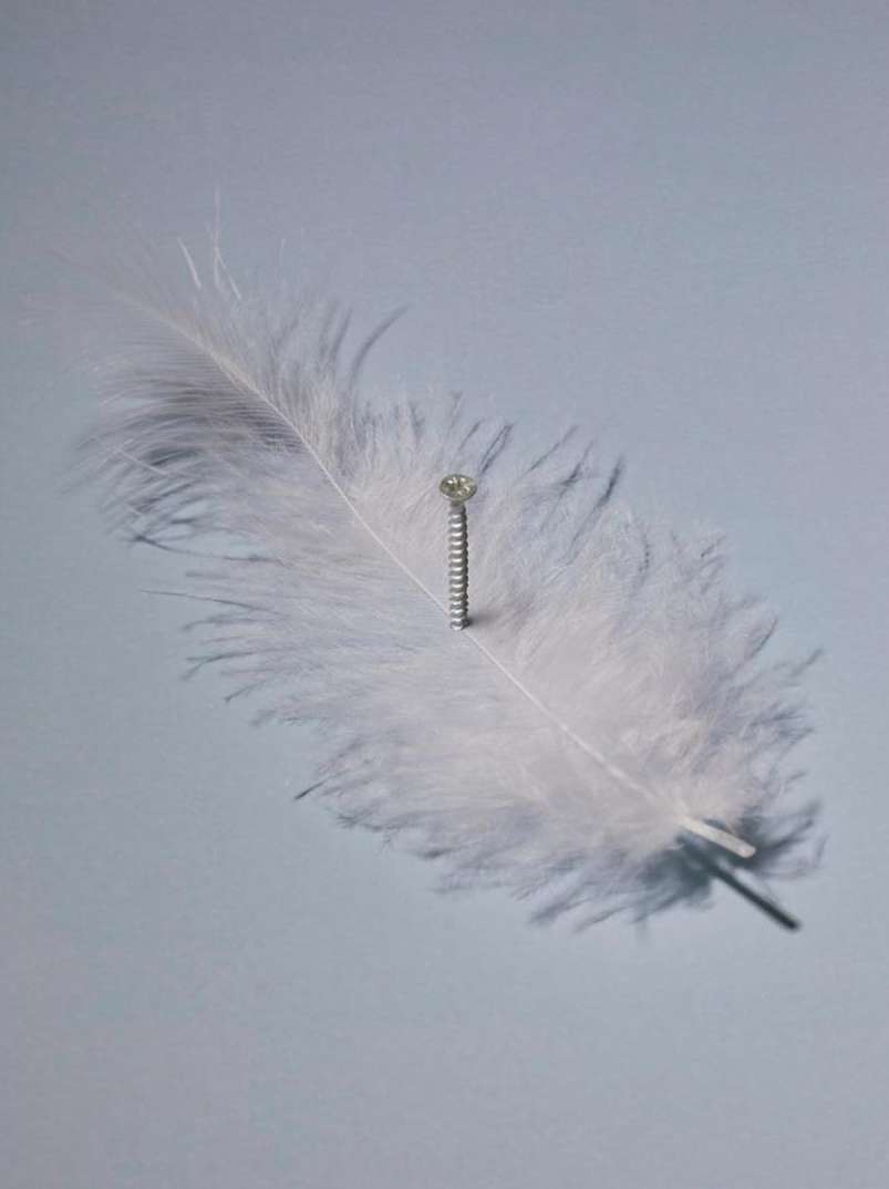 Conceptual image of a white feather with a screw in the middle against a grey background, creating contrast between soft and hard elements.