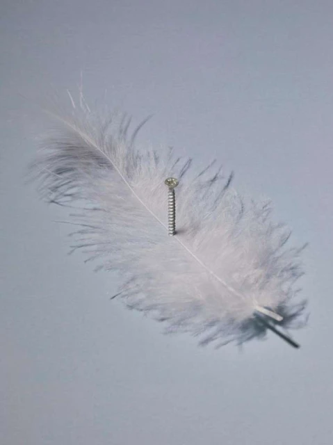Conceptual image of a white feather with a screw in the middle against a grey background, creating contrast between soft and hard elements.