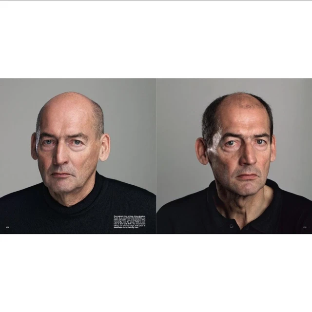 Split portrait features two middle-aged men in dark shirts against a gray background, each looking directly at the camera.