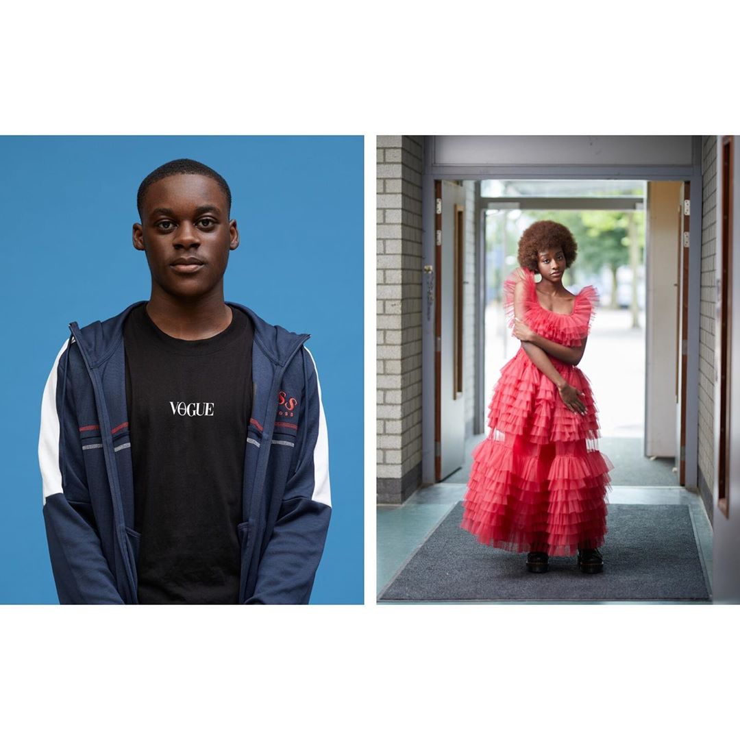 Portrait of a young man with a blue backdrop on the left and a woman in a pink ruffled dress in a hallway on the right.