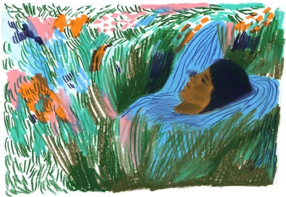Illustration of a person with dark hair laying on a light blue blanket surrounded by green grass and colorful plants in a field.