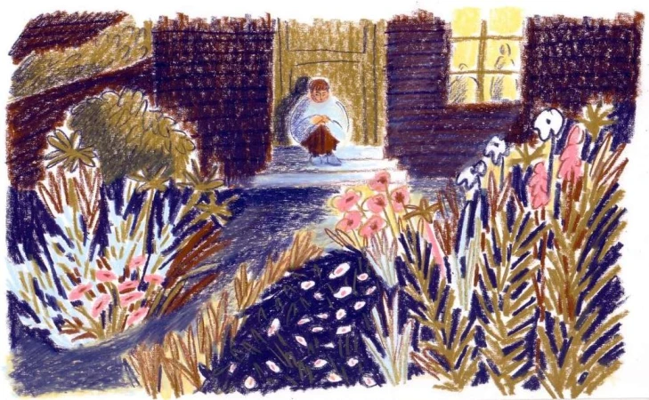 Illustration of a person sitting in a doorway surrounded by a garden with flowers, depicted in a soft, textured style.