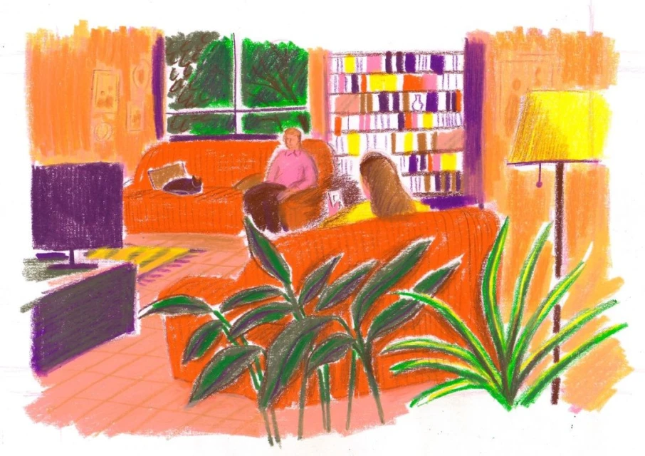 Illustration of a living room with two people on a sofa, a cat on a chair, plants, a TV, a bookshelf, and a window with greenery.