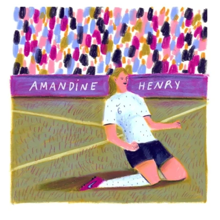 Illustration of a female soccer player kneeling and celebrating a goal, with a blurred crowd and stadium signage in the background.