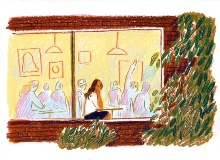 Illustration of a woman sitting at a table in a cafe, gazing out the window at other patrons; outdoor greenery visible.