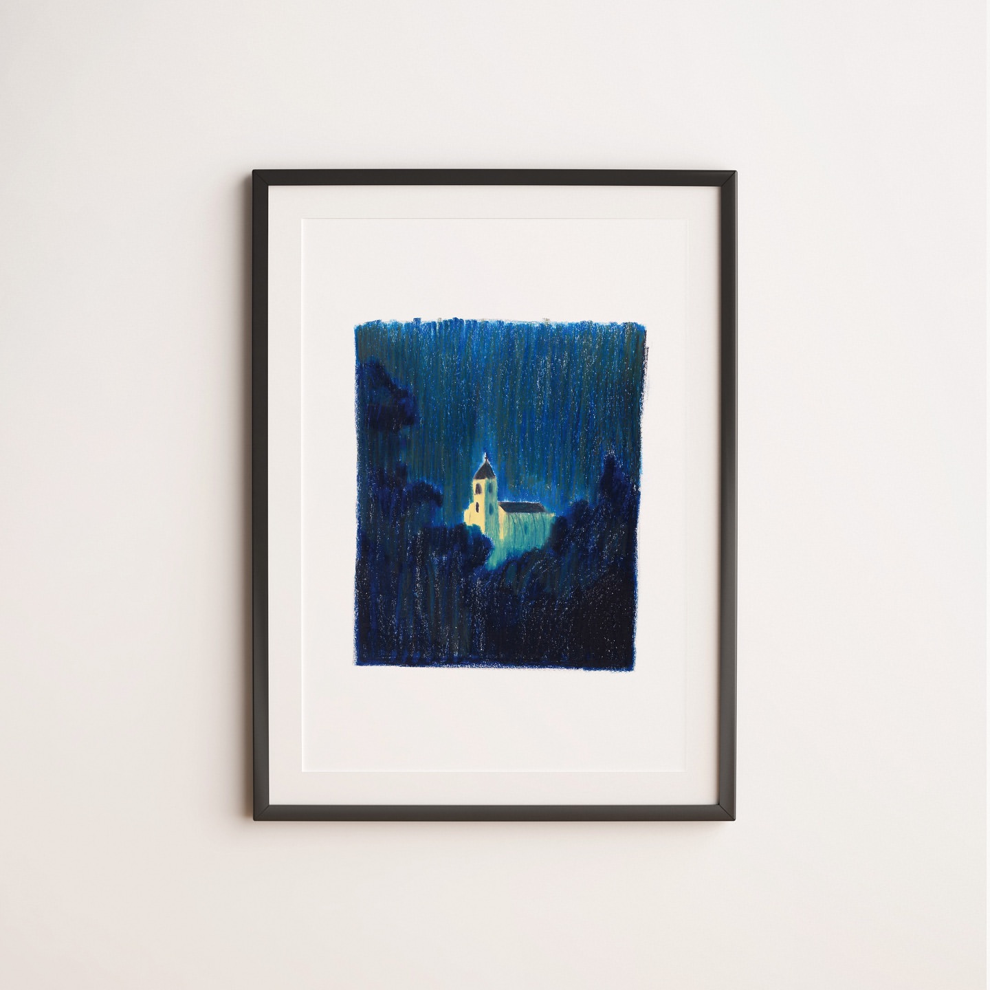 Framed illustration featuring a softly lit church nestled within a dark, forested landscape, set against a neutral wall backdrop.