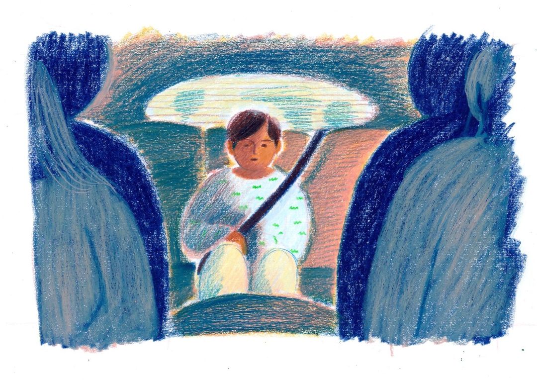 Illustration of child in car seat with seatbelt on, flanked by two front seats, rendered in a crayon or pastel style with soft colors.