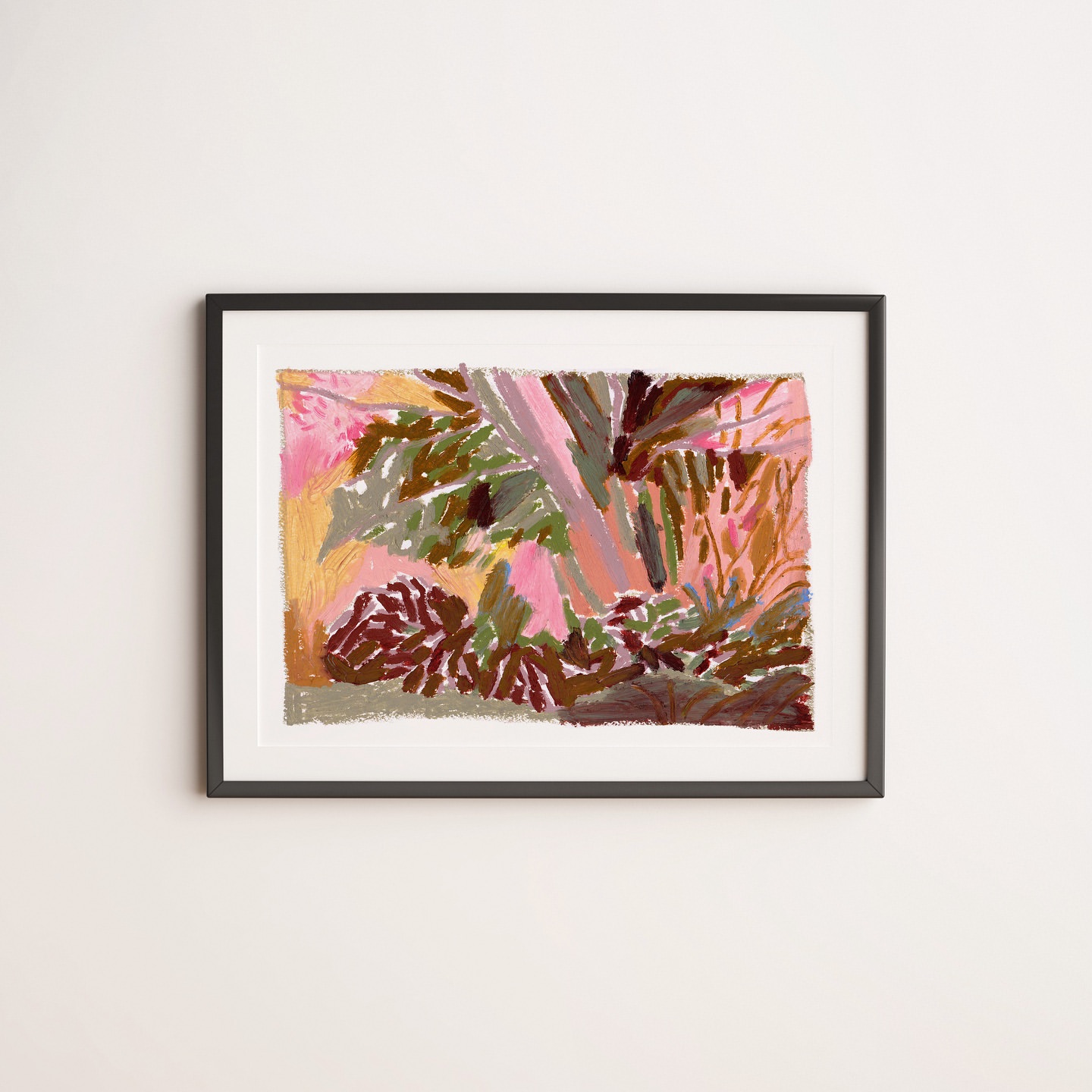 Framed art print on a white wall features an abstract nature landscape with pink, green, and brown brushstrokes, blending realism and impressionism.