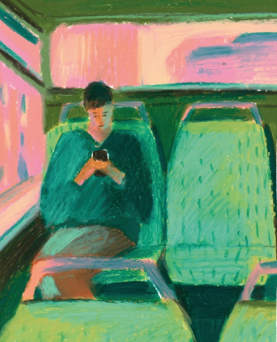 Illustration of a young adult sitting on a green bus seat while looking at a smartphone. The scene is rendered in green and pink tones.