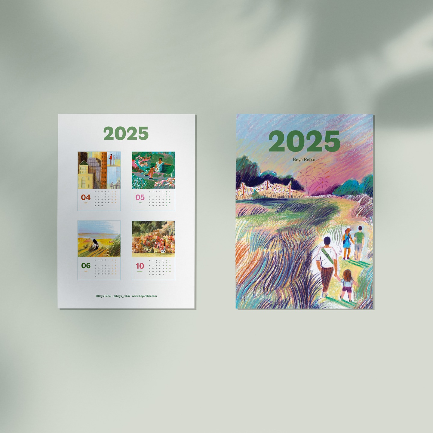 Two 2025 calendar pages featuring colorful illustrations, one with abstract buildings and the other with a family walking on a path.
