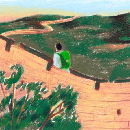 Illustration of a person with a backpack sitting on the Great Wall of China overlooking a landscape of green rolling hills.