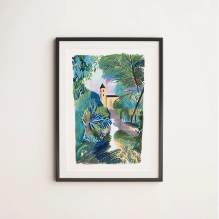 Framed artistic illustration of a church tower peeking through green trees and textured blue foliage by illustrator Beya Rebaï.