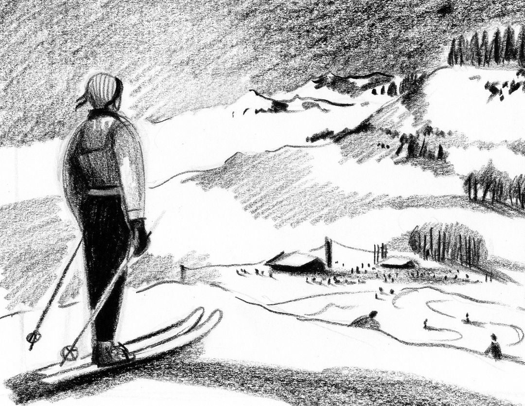 Pencil art shows a skier in winter apparel with skis and poles, standing atop a snow-covered mountain with village in the background.