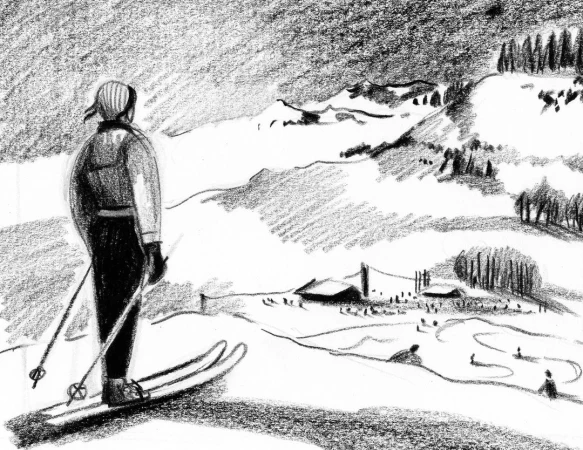Pencil art shows a skier in winter apparel with skis and poles, standing atop a snow-covered mountain with village in the background.