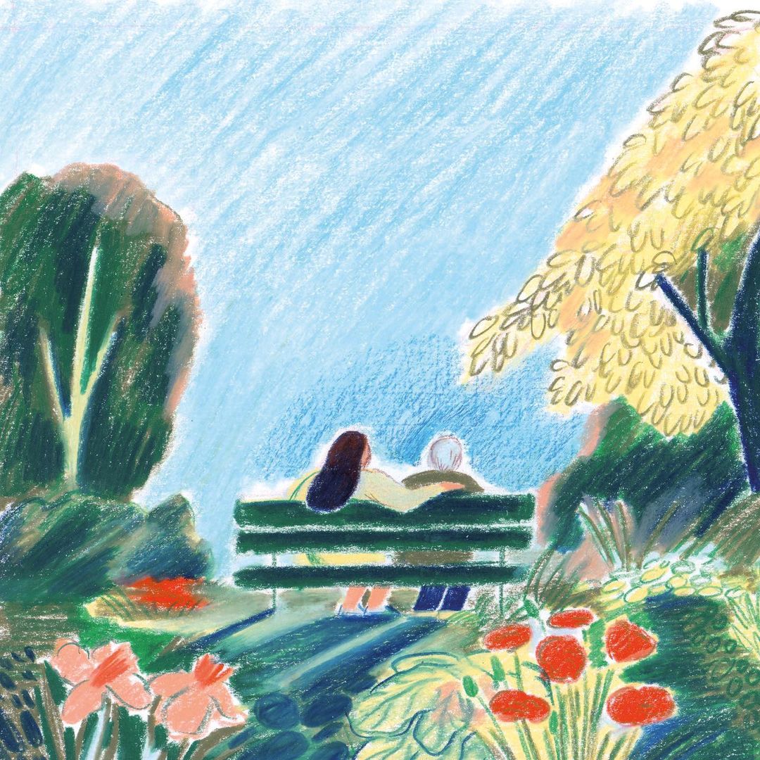 Illustration of an older and younger adult couple sitting on a bench surrounded by colorful plants and trees in a garden.