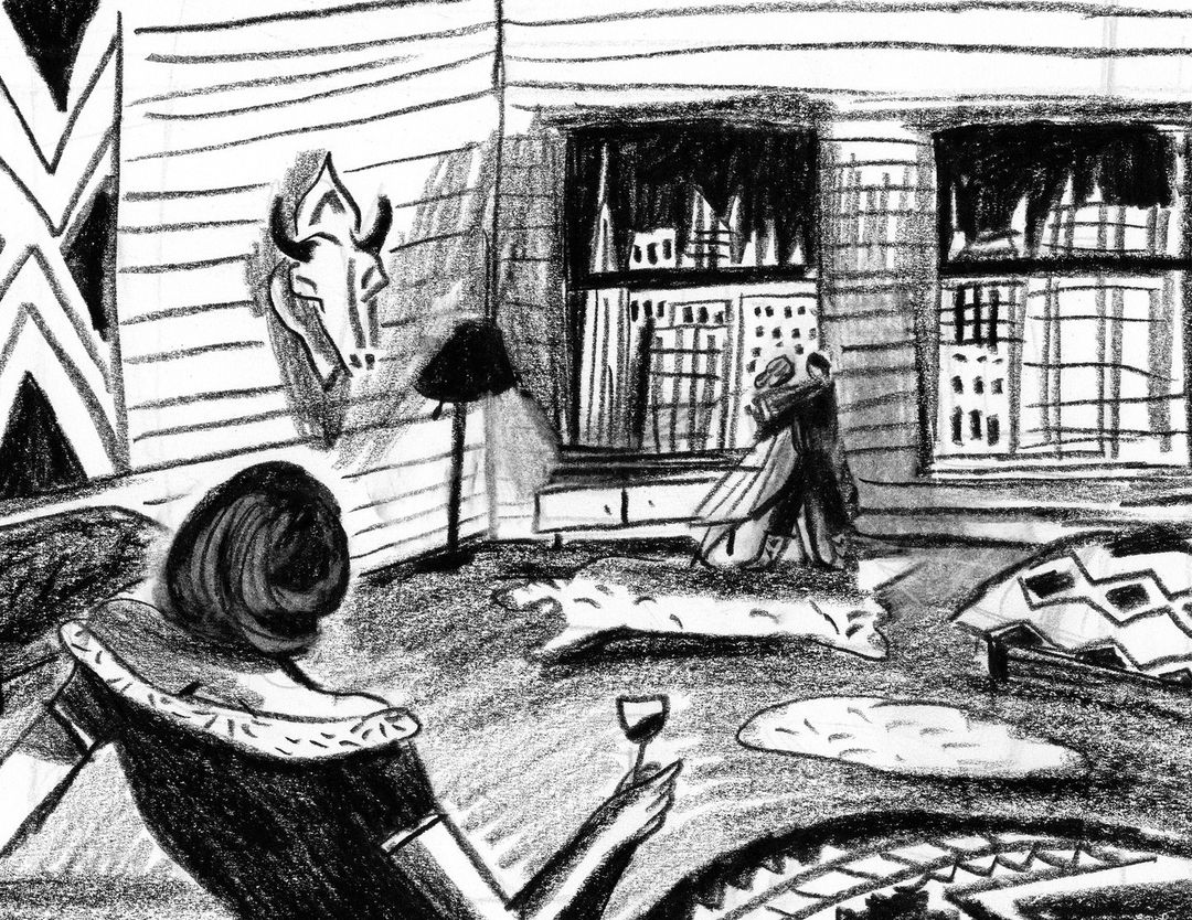 Illustration of a woman in a chair with a glass of wine, couple embracing in the background inside a building near a window.