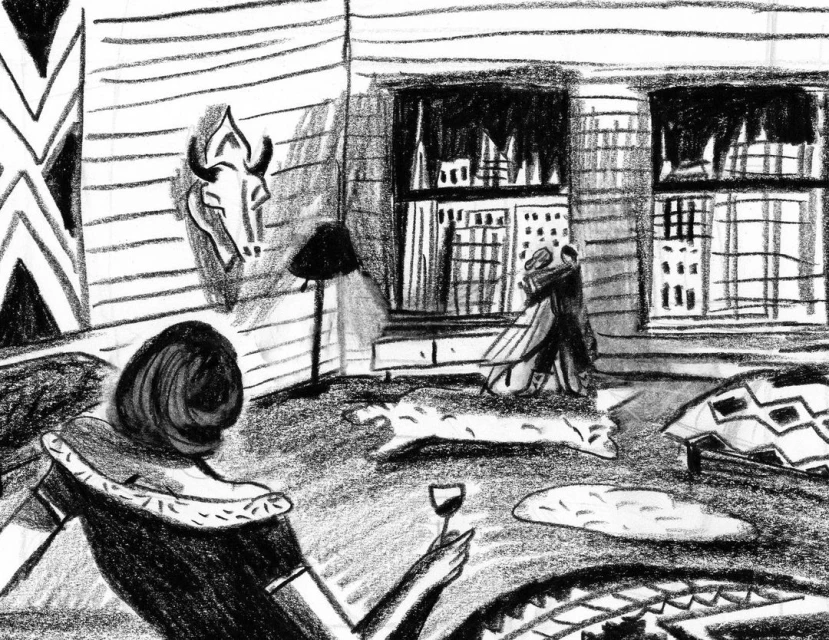 Illustration of a woman in a chair with a glass of wine, couple embracing in the background inside a building near a window.