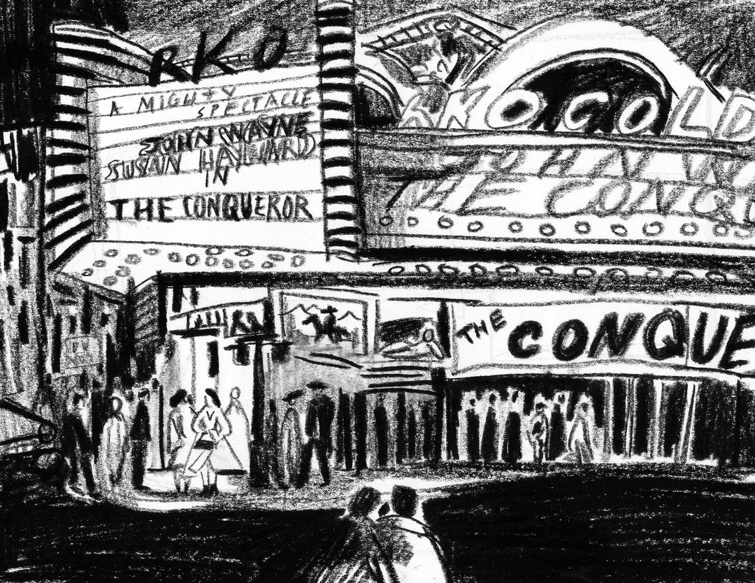 Charcoal sketch of a crowd outside the RKO movie theater, showing a screening of 'The Conqueror' starring John Wayne and Susan Hayward.