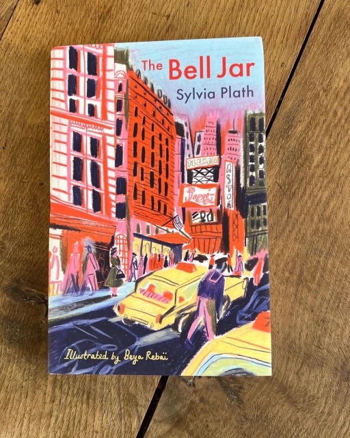 Book cover illustration featuring city scene with buildings, people, and yellow cabs for Sylvia Plath's 'The Bell Jar'.