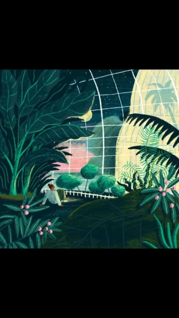 Illustration of a man sitting in a verdant greenhouse under a starry night sky with a crescent moon visible through the dome.