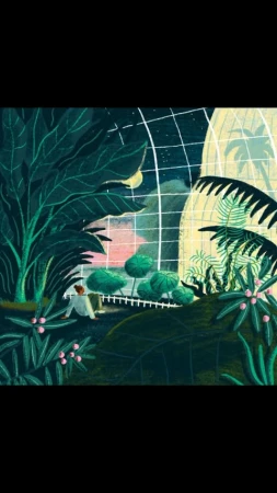 Illustration of a man sitting in a verdant greenhouse under a starry night sky with a crescent moon visible through the dome.