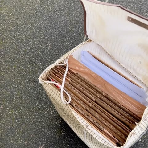 An open fabric storage bag filled with stacked cardboard sheets and folded papers on asphalt pavement.