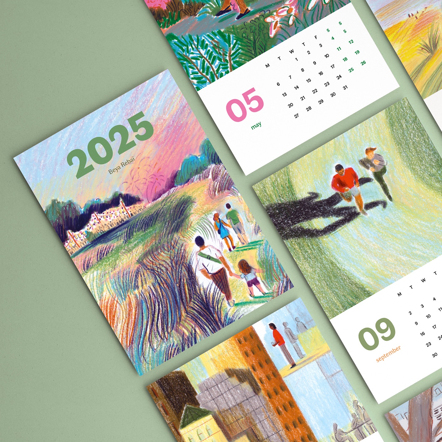 Illustrated 2025 calendar pages featuring different images and layouts, including a group of people walking in nature.