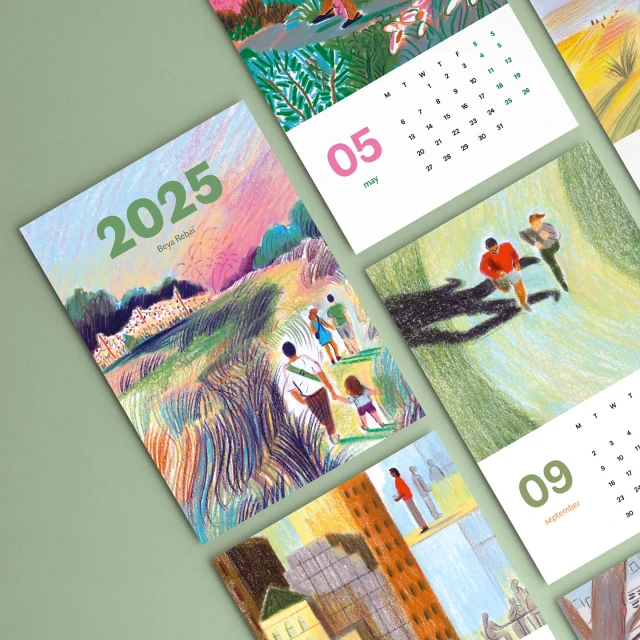 Illustrated 2025 calendar pages featuring different images and layouts, including a group of people walking in nature.