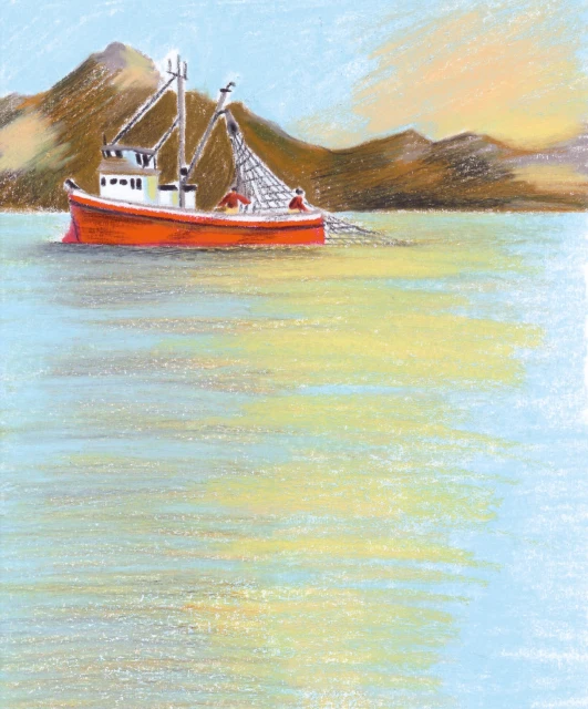 Illustration of a red fishing boat with two people on the water, mountains and a blue sky in the background, artwork.